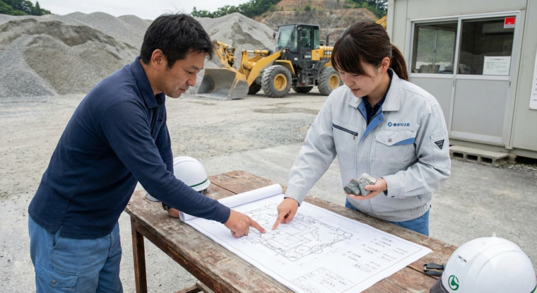 庭の図面を広げ、砕石の必要量を事前に計算した上で、事業所で現物の石を確認しながら相談する様子。