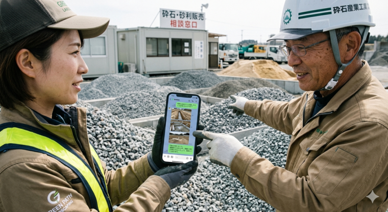 スマートフォンで現場写真を送り、プロによる砕石販売の正確な見積りを受けている様子。
